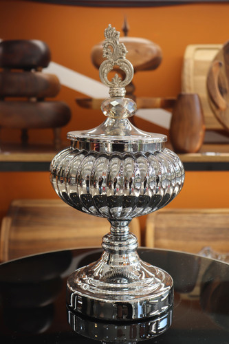 شکلات خوری شیشه و فلز سایز متوسط رنگ پلاتینی