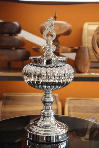 شکلات خوری شیشه و فلز سایز بزرگ رنگ پلاتینی