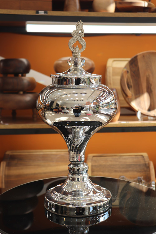 شکلات خوری شیشه و فلز سایز متوسط رنگ پلاتینی